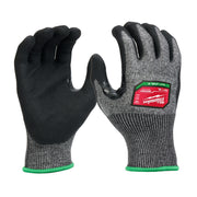 Gray and black nitrile-dipped work gloves with green cuff trim, shown in front and back views.