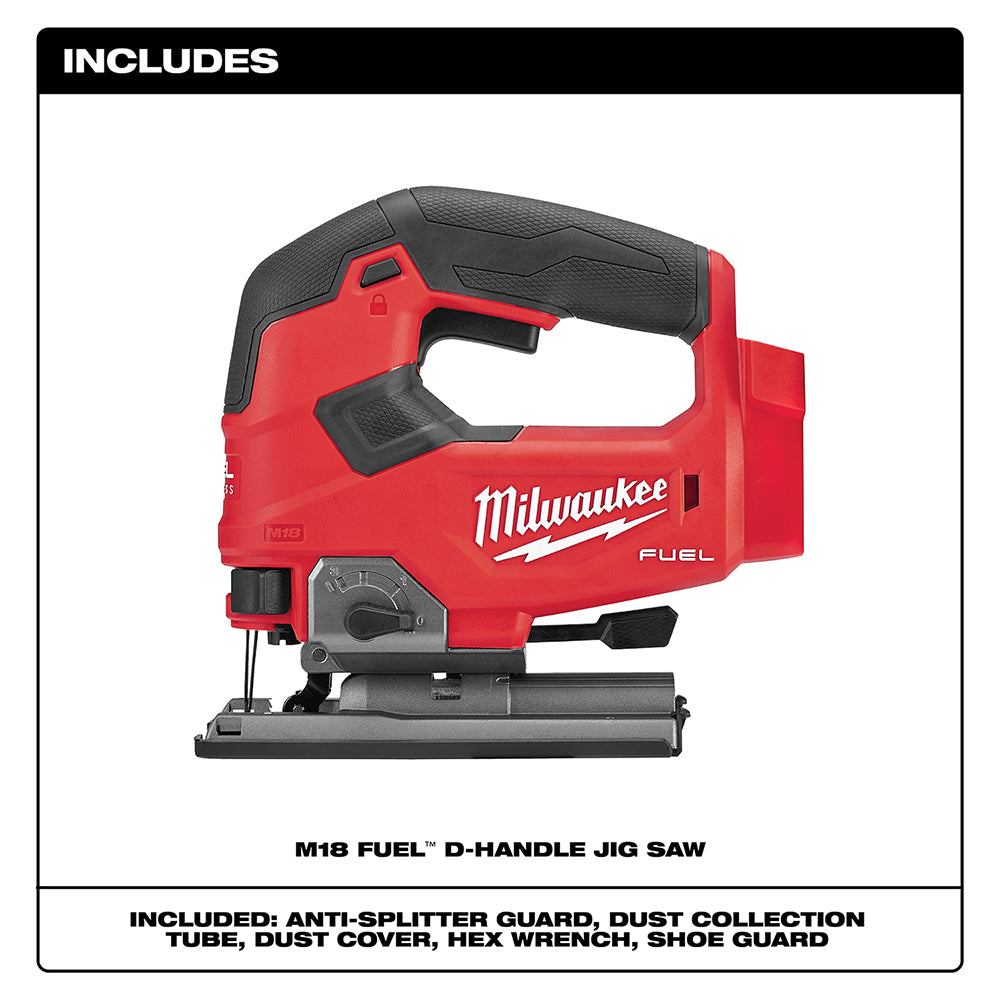Red and black Milwaukee M18 FUEL D-handle jig saw with black grip handles and gray base plate.