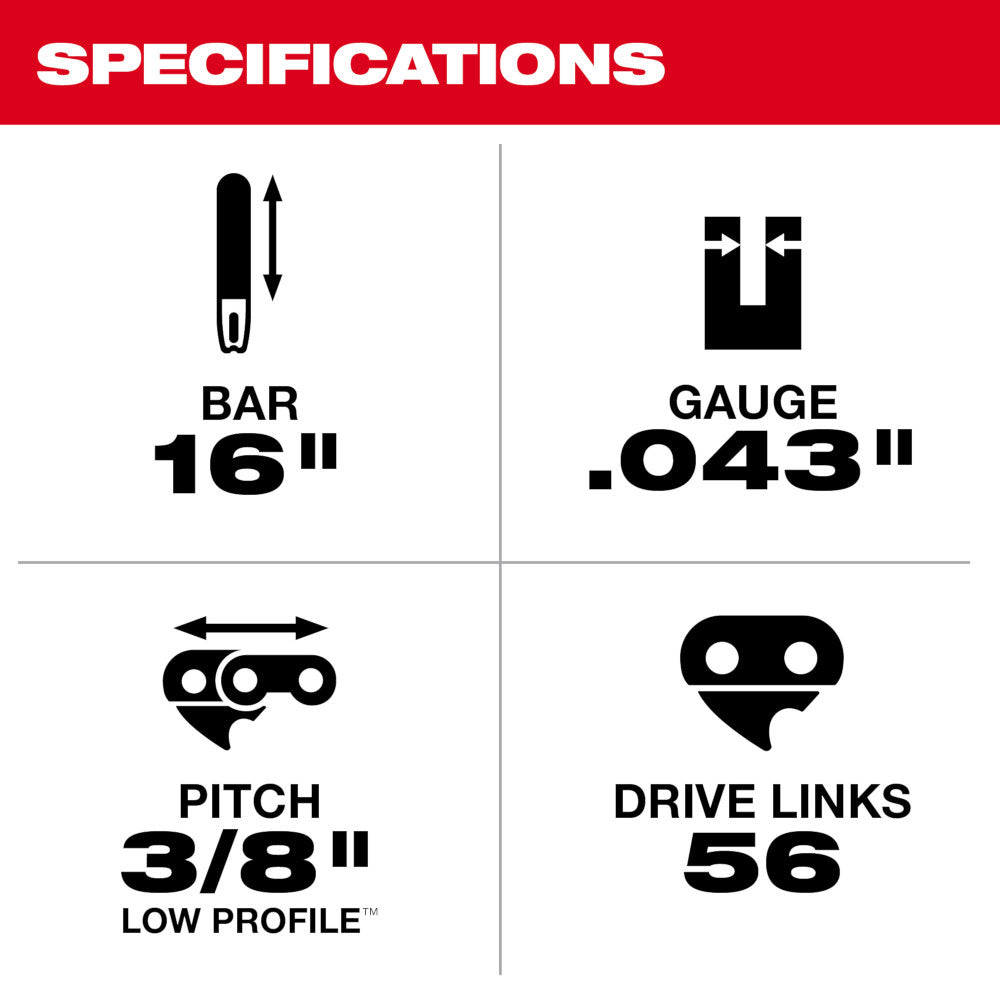 16" chainsaw guide bar with .043" gauge, 3/8" low profile pitch, and 56 drive links.