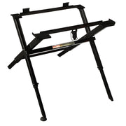 Black metal folding table saw stand with angled legs and adjustable support bars.