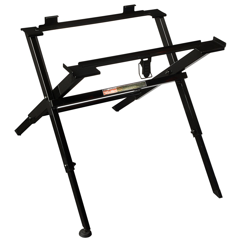 Black metal folding table saw stand with angled legs and adjustable support bars.