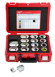 Red Milwaukee case containing 12 U-style dies with colored bands, reference chart on lid, and two adapter pieces below.