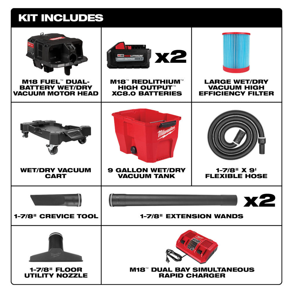 Milwaukee M18 FUEL wet/dry vacuum kit components including motor head, dual batteries, filter, tank, hose, tools, and charger