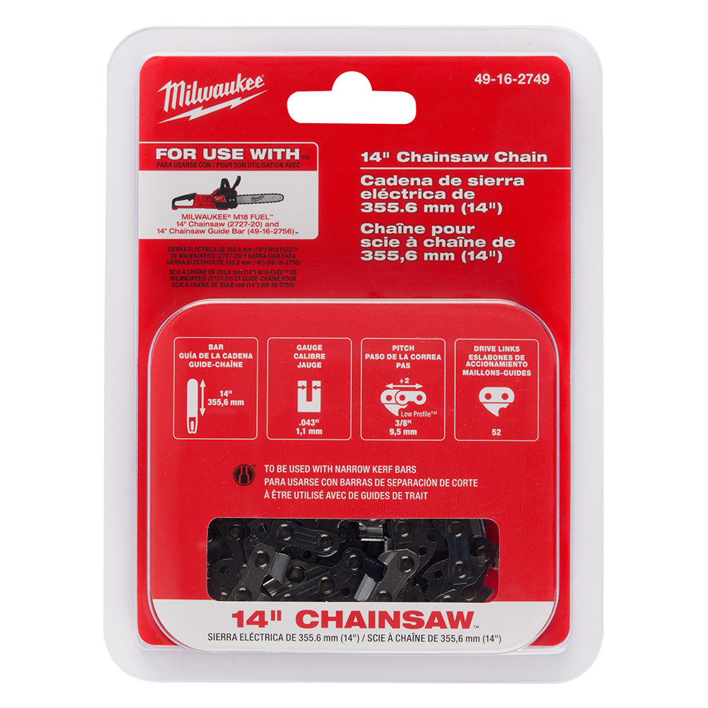 Milwaukee 14" chainsaw chain in retail packaging with specifications and black metal links visible.