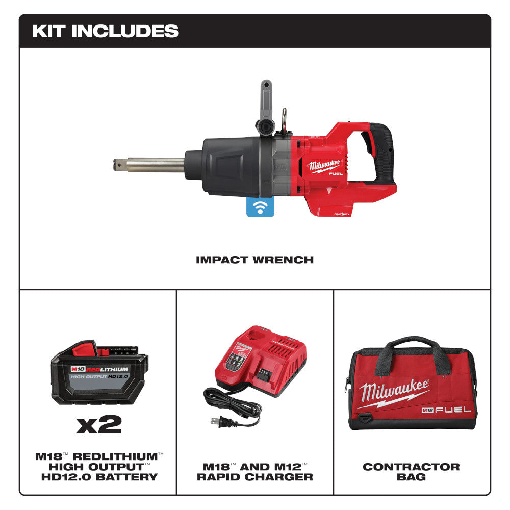 Milwaukee M18 FUEL 1 in. D-handle high torque impact wrench with extended anvil, two batteries, charger, and contractor bag.