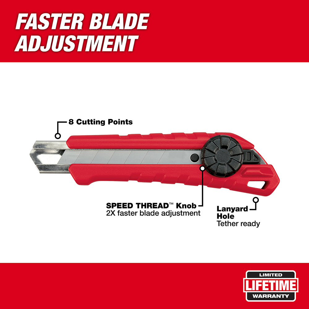 Red and silver snap-off utility knife with black adjustment knob, eight cutting points, and lanyard hole visible from top vie