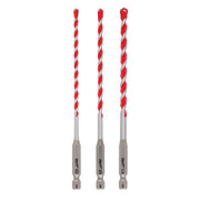 Three red and gray carbide hammer drill bits with hex shanks arranged vertically.