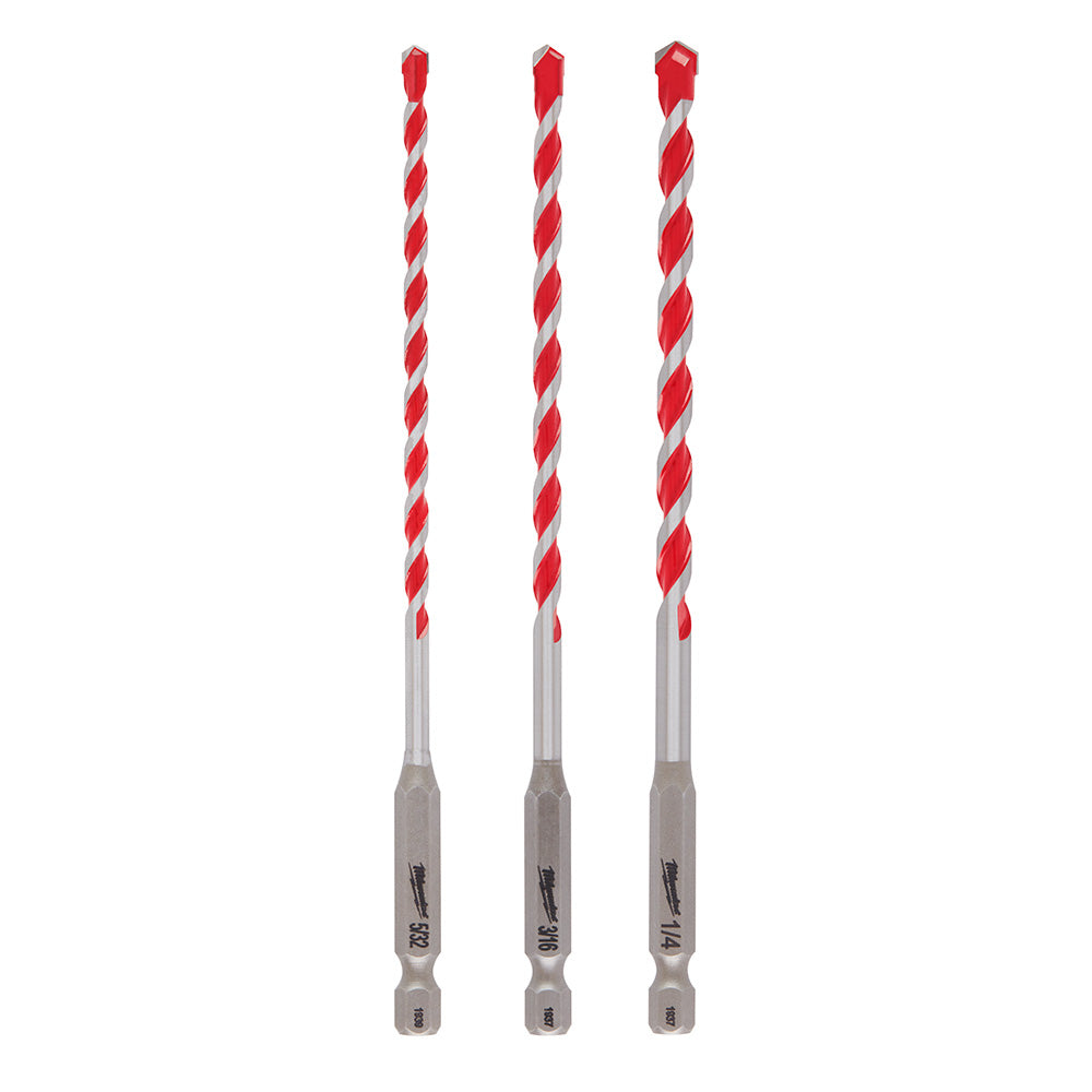 Three red and gray carbide hammer drill bits with hex shanks arranged vertically.