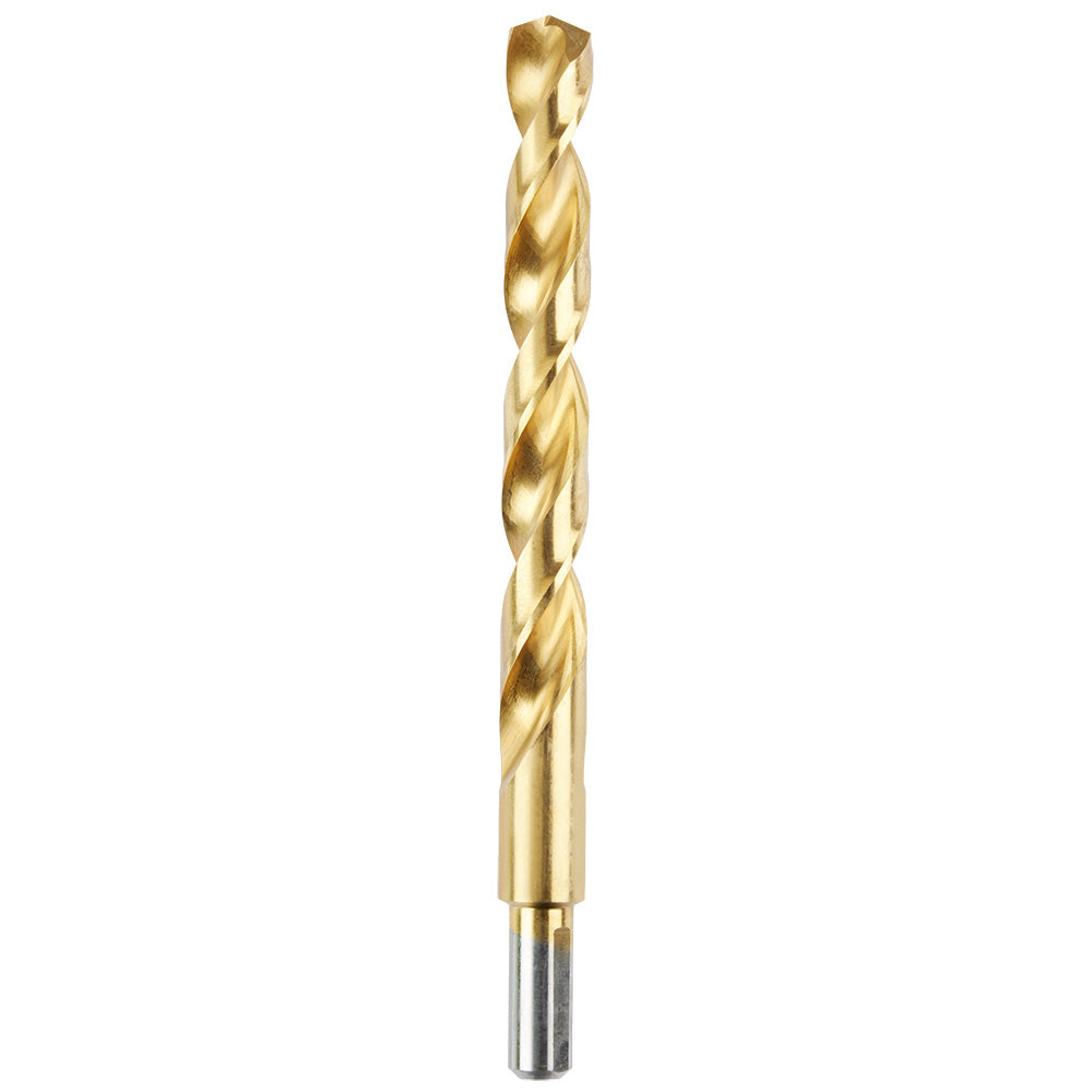 Gold titanium coated twist drill bit with 1/2 inch diameter and cylindrical shank against white background.