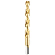 Gold titanium coated twist drill bit with 1/2 inch diameter and cylindrical shank against white background.