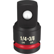 Black socket adapter with red band converting 1/4" drive to 3/8" drive, ball detent visible on top.