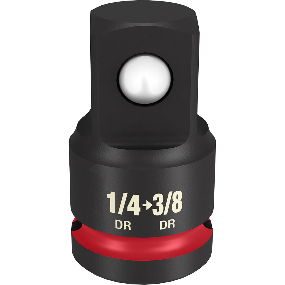 Black socket adapter with red band converting 1/4" drive to 3/8" drive, ball detent visible on top.