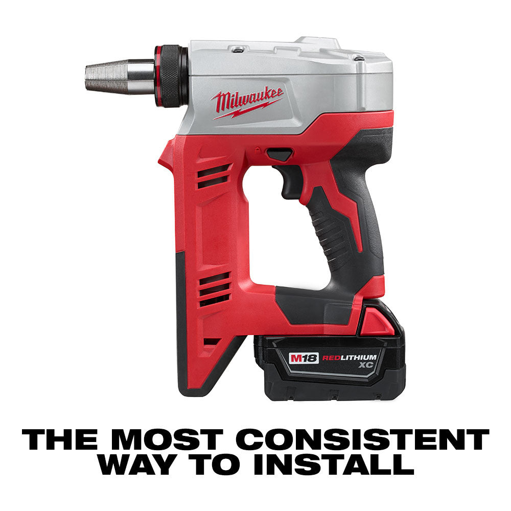 Milwaukee M18 ProPEX expansion tool with red and gray housing, black grip, and battery pack attached.