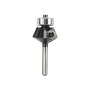 Freud 43-208 router bit with black angled cutting head, metal collar, and steel shaft.