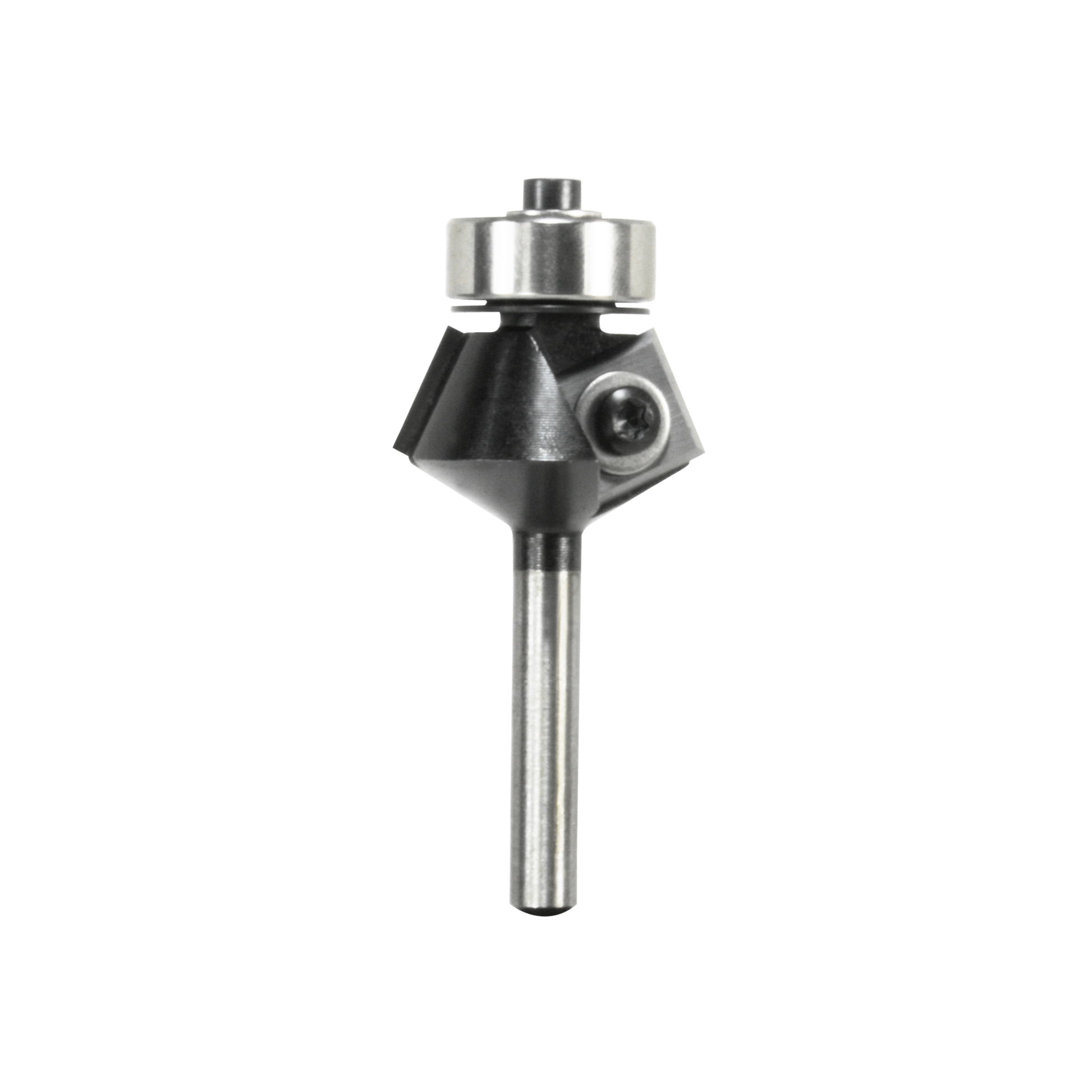 Freud 43-208 router bit with black angled cutting head, metal collar, and steel shaft.