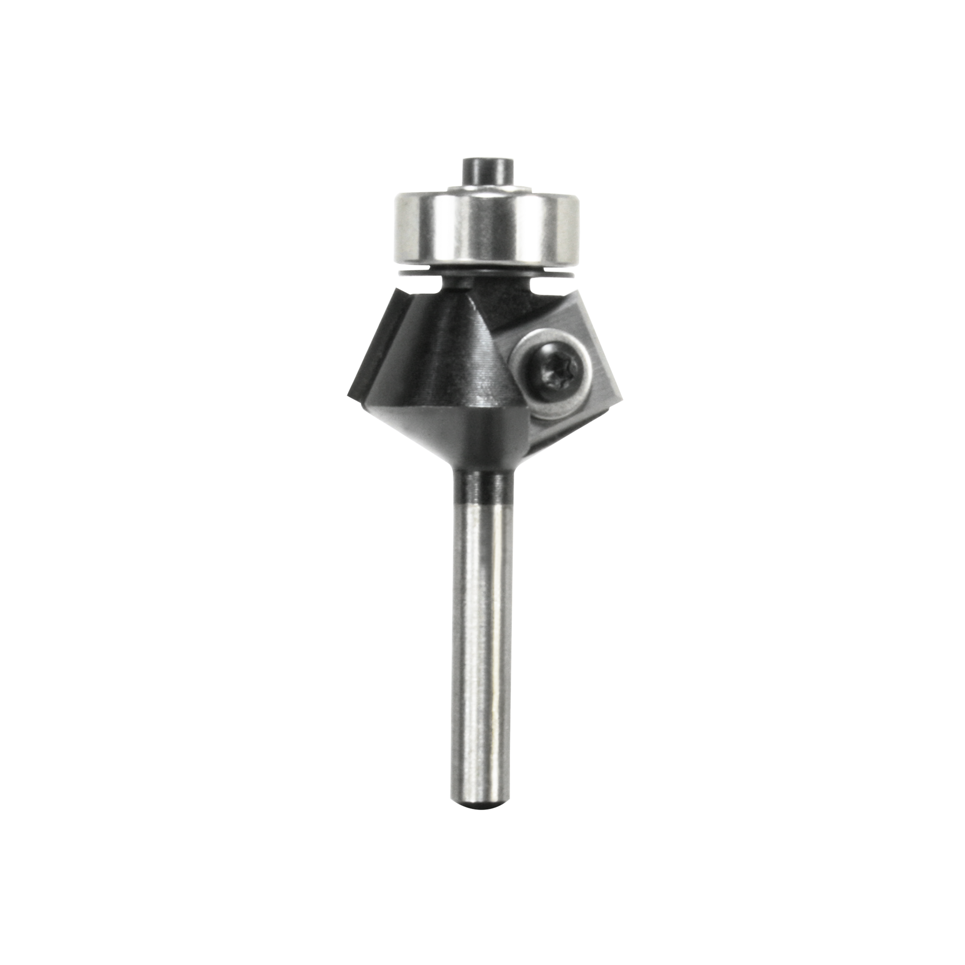 Freud 43-208 router bit with black angled cutting head, metal collar, and steel shaft.