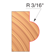 Wood router bit with concave radius cutting profile labeled R 3/16 inch, shown in cross-section with diagonal grain texture.