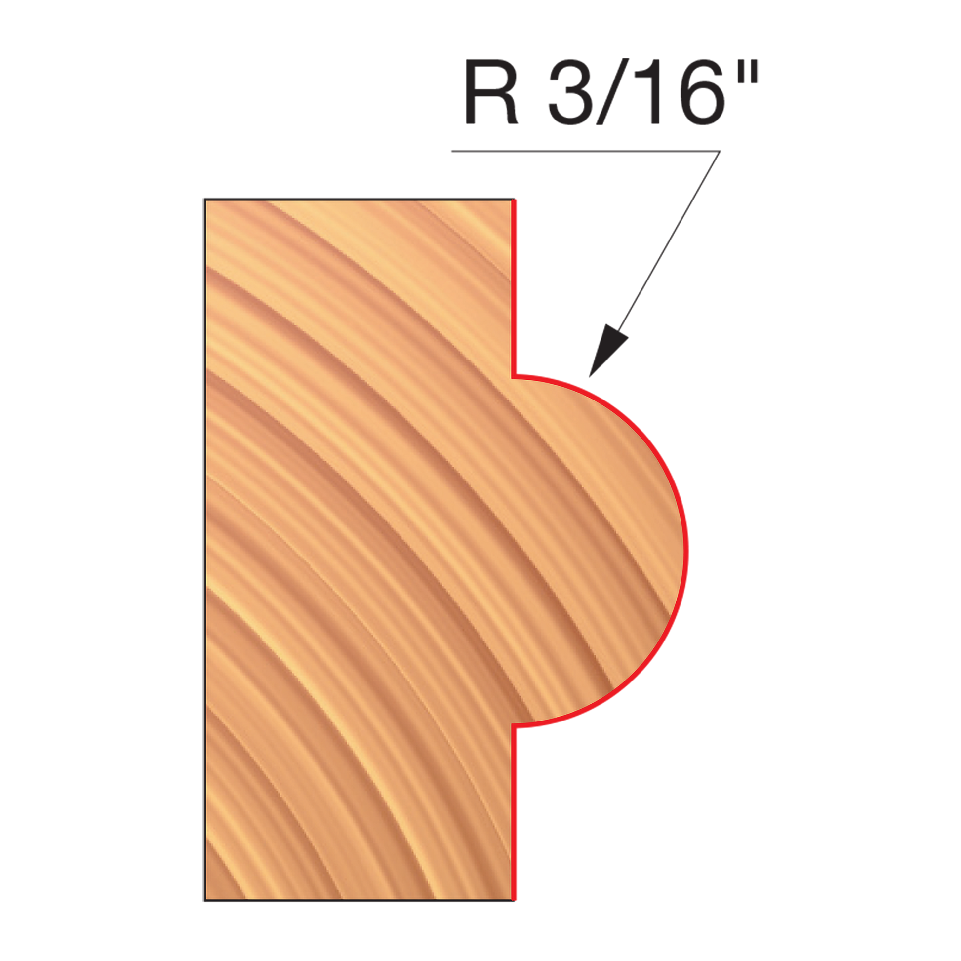 Wood router bit with concave radius cutting profile labeled R 3/16 inch, shown in cross-section with diagonal grain texture.