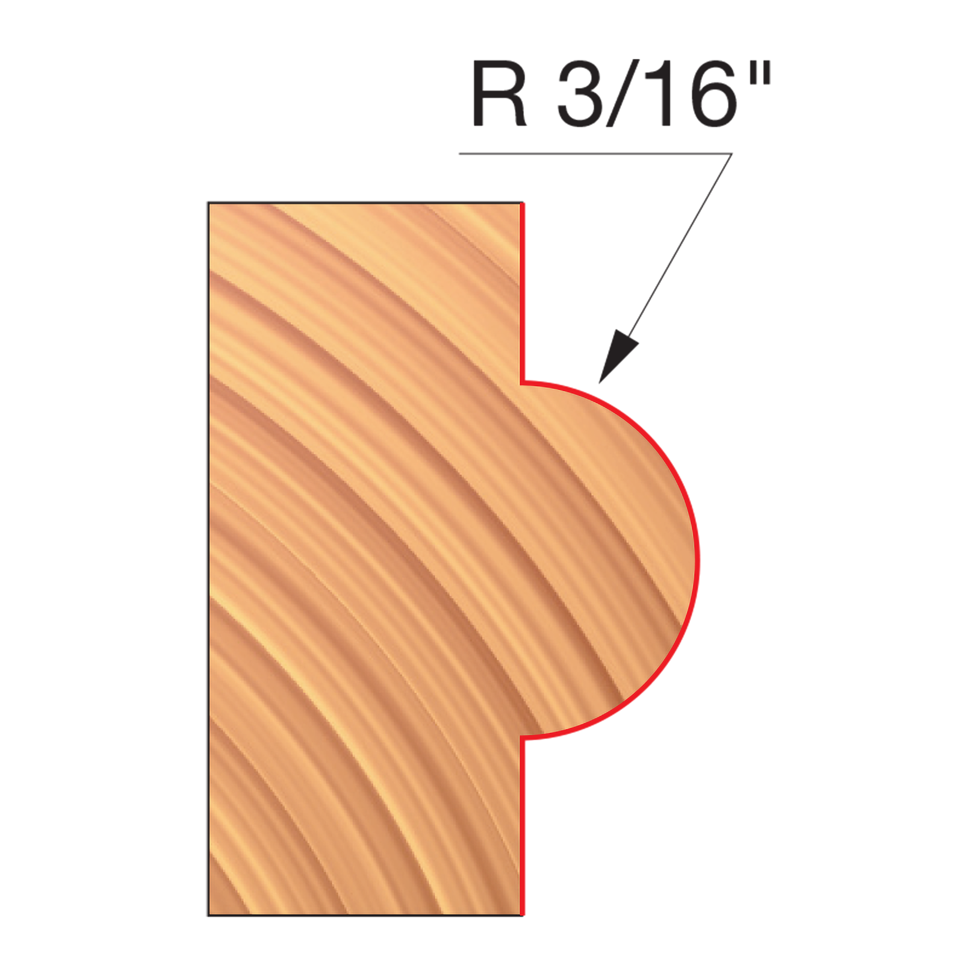 Wood router bit with concave radius cutting profile labeled R 3/16 inch, shown in cross-section with diagonal grain texture.