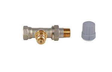 Danfoss RA2000 brass straight valve with 1/2" connections and gray plastic cap.