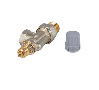 Danfoss RA2000 angle valve with brass connectors and gray protective cap shown separately.