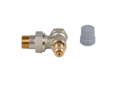 Danfoss RA2000 angled radiator valve with 3/4" connection and gray plastic cap shown separately.