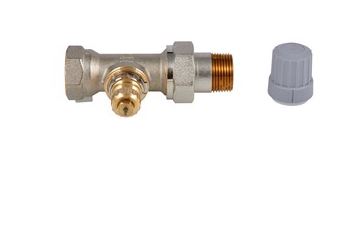 Brass radiator valve with straight 3/4" connections and gray plastic cap on white background.