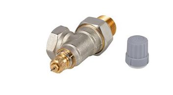 Danfoss RA2000 side mount angle valve with brass and metal components and gray plastic cap.