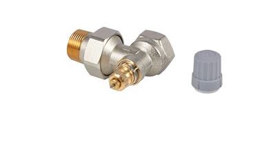 Danfoss RA2000 angle valve with brass and metal components, gray cap, and threaded connections.