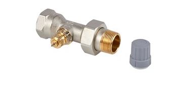 Danfoss RA2000 straight valve with male threaded connection and gray cap, 1 inch size.