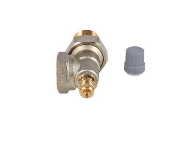 Danfoss RA2000 angle valve with brass body, side mount connection, and gray plastic cap.