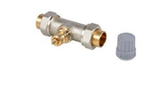 Brass and metal radiator valve with straight sweat union connections and gray protective cap.