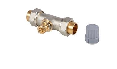 Brass and metal radiator valve with straight sweat union connections and gray protective cap.