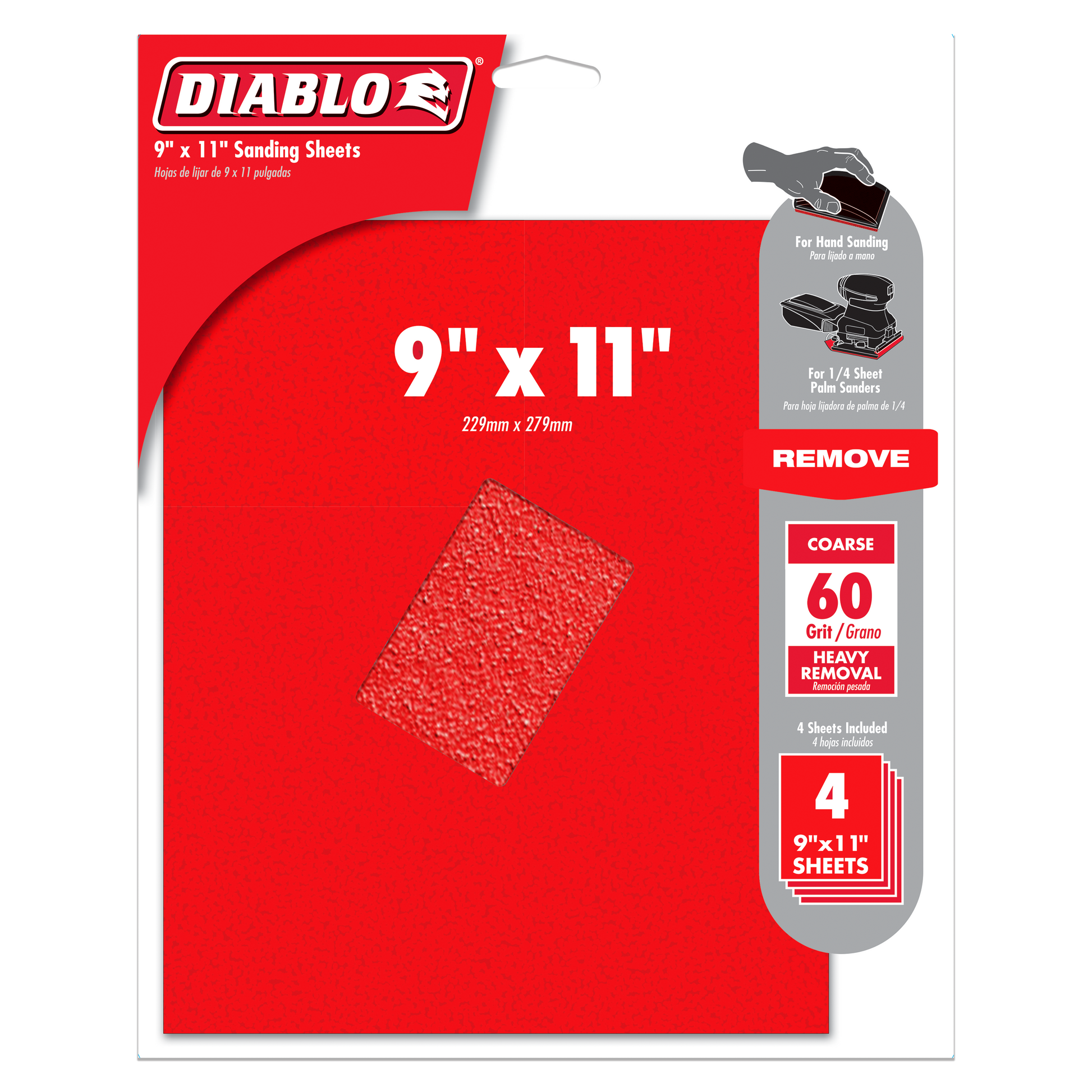 Four red 9" x 11" coarse 60-grit sanding sheets with textured abrasive surface displayed on packaging.
