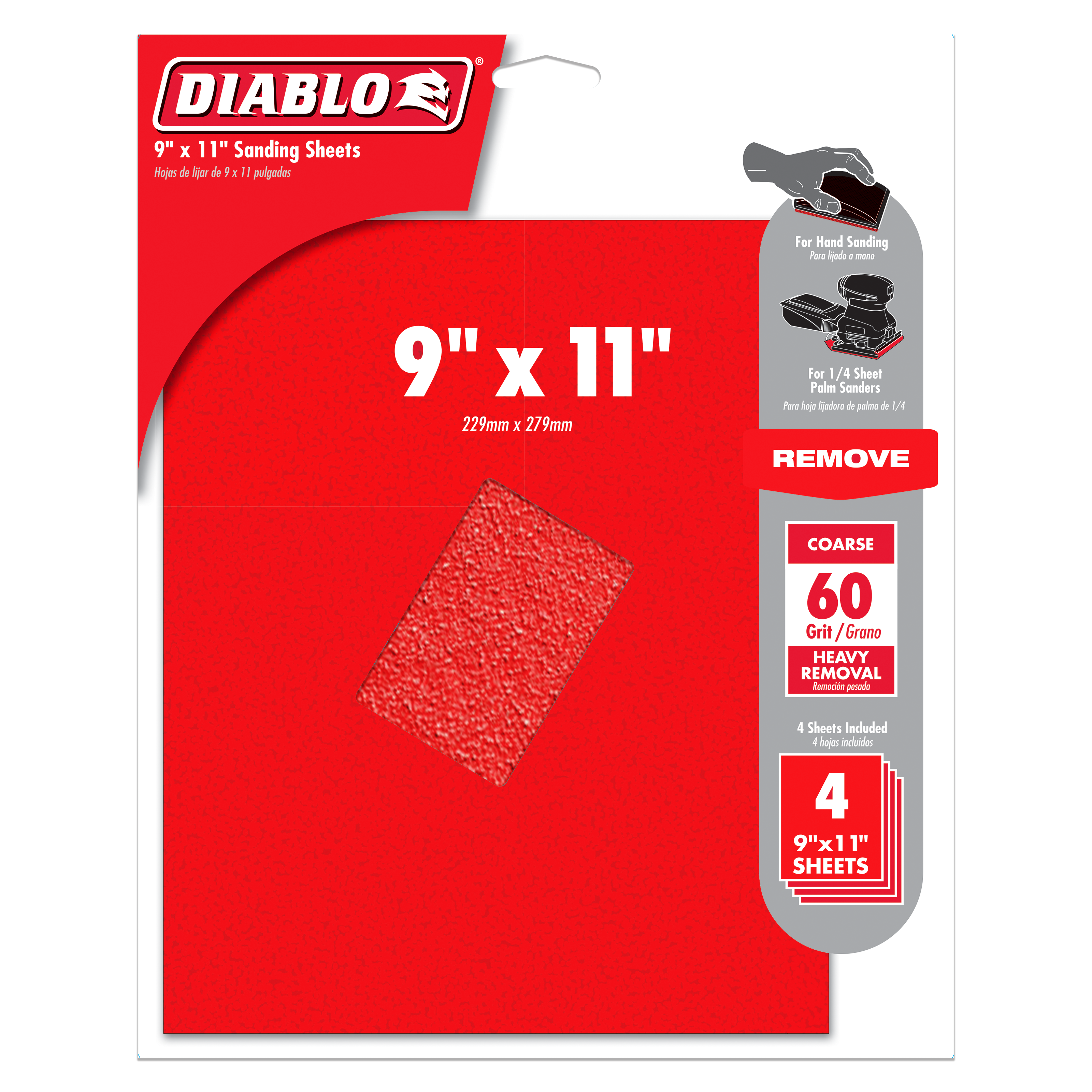 Four red 9" x 11" coarse 60-grit sanding sheets with textured abrasive surface displayed on packaging.