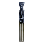 Black and gray double compression router bit with two flutes and metal shank for woodworking.