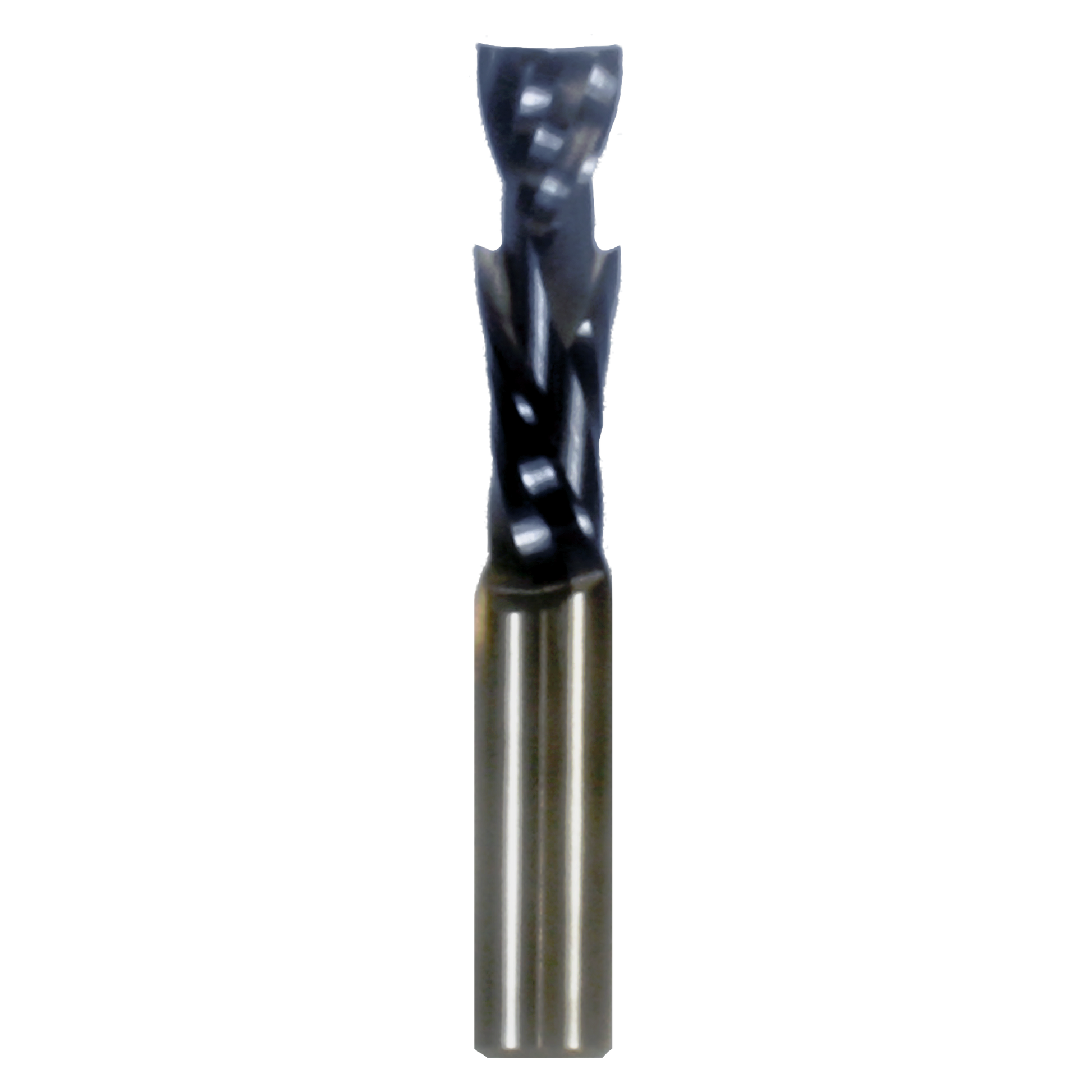 Black and gray double compression router bit with two flutes and metal shank for woodworking.