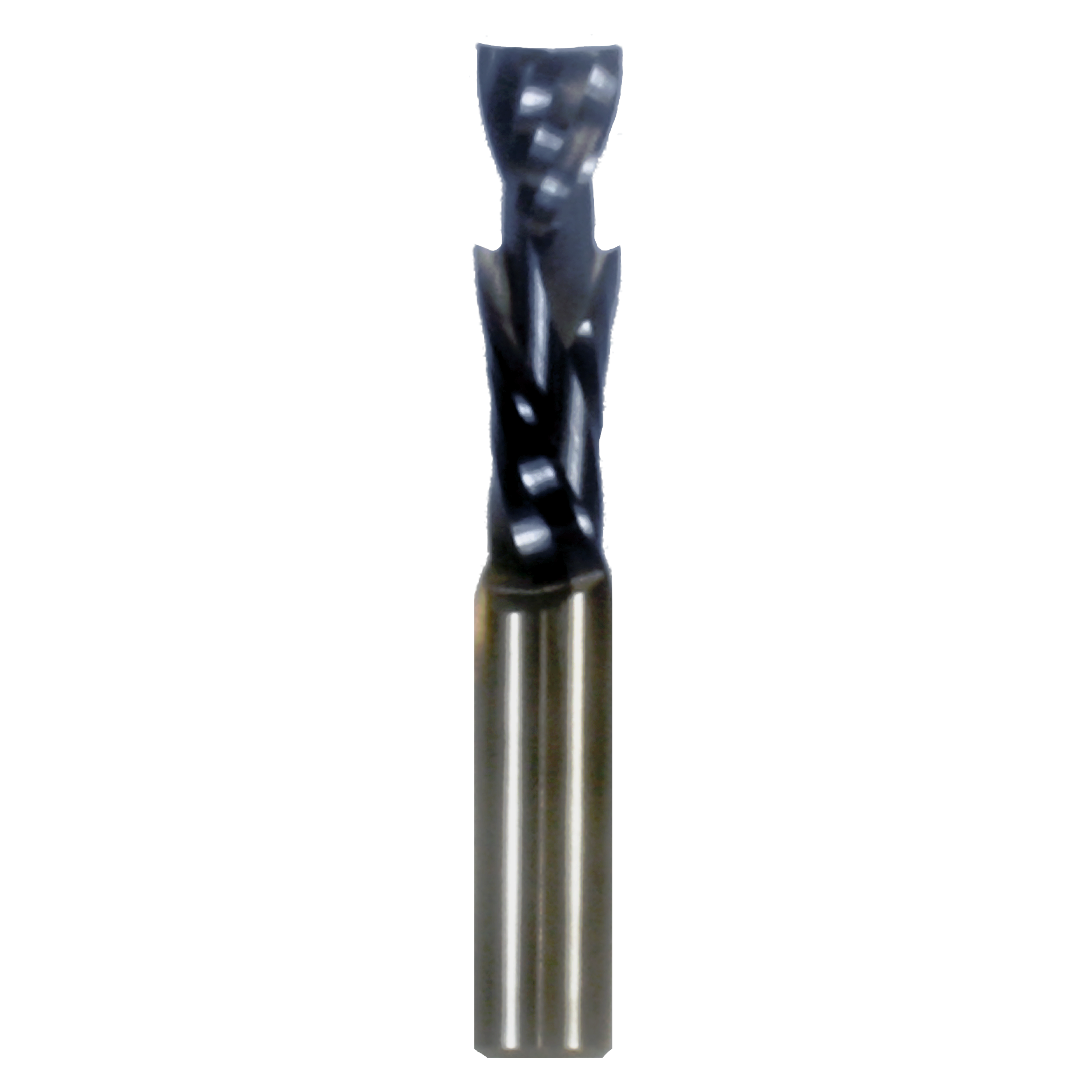 Black and gray double compression router bit with two flutes and metal shank for woodworking.