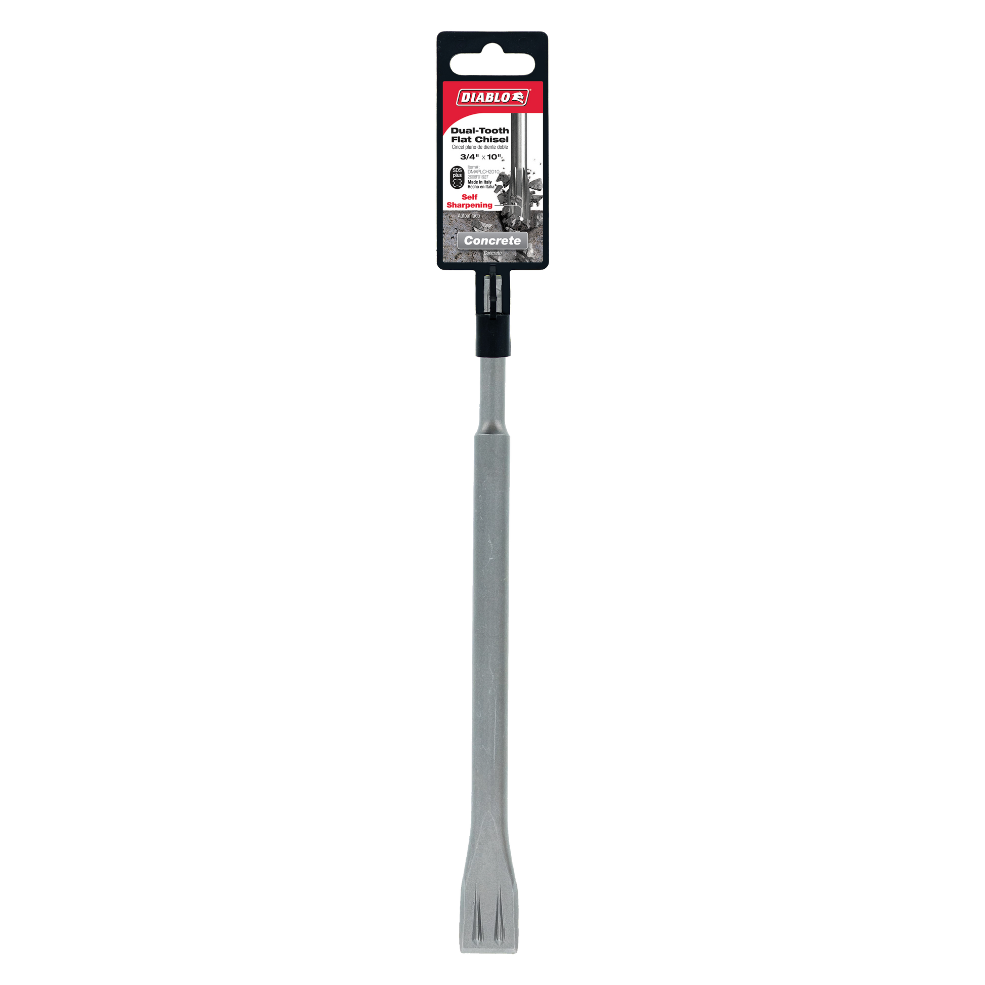 Diablo flat chisel with dual-tooth tip, black SDS-Plus shank, and gray steel body in packaging.