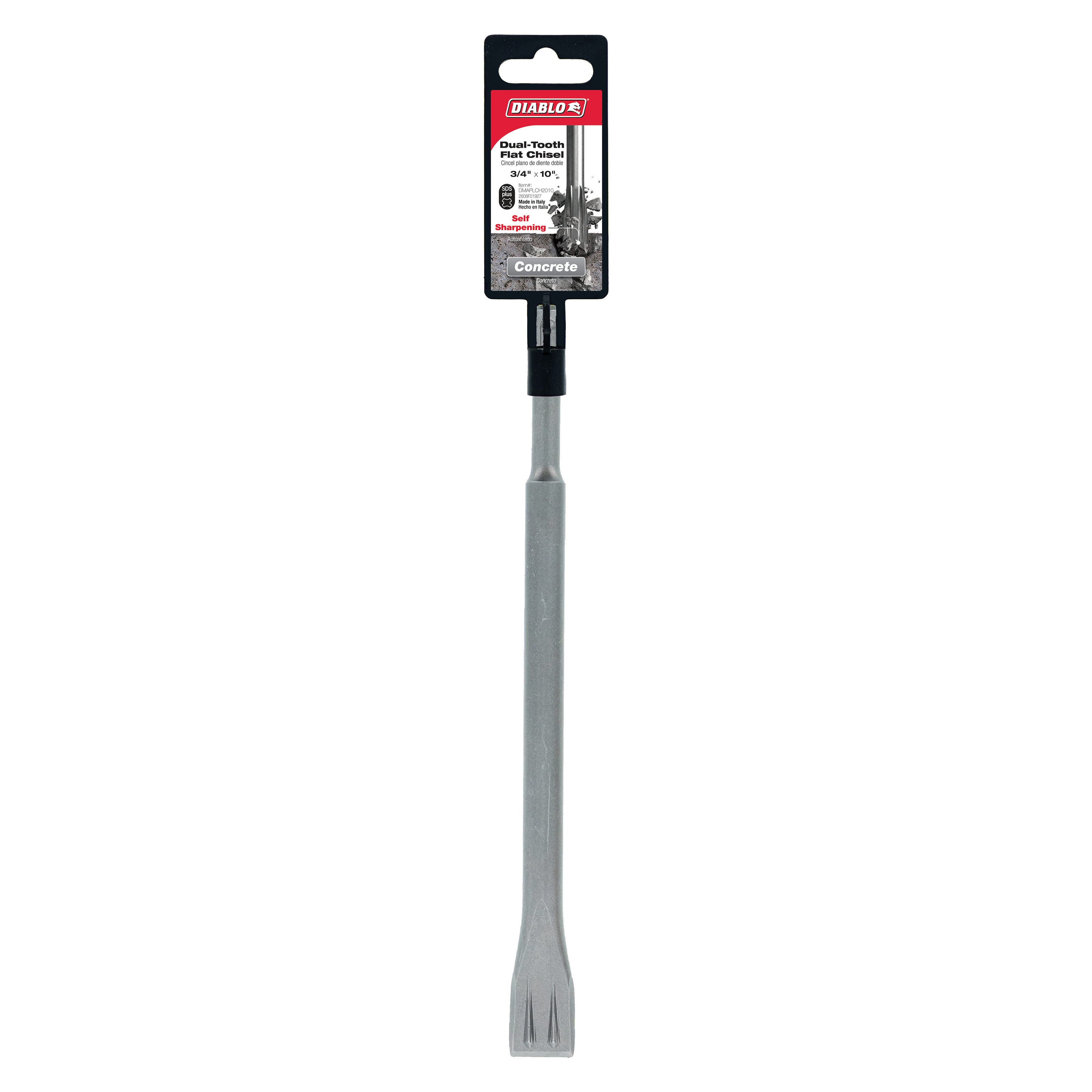 Diablo flat chisel with dual-tooth tip, black SDS-Plus shank, and gray steel body in packaging.