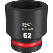Black 52mm socket with hexagonal opening, red grip band, and Milwaukee branding on cylindrical body.