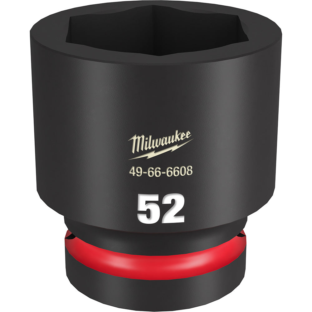 Black 52mm socket with hexagonal opening, red grip band, and Milwaukee branding on cylindrical body.