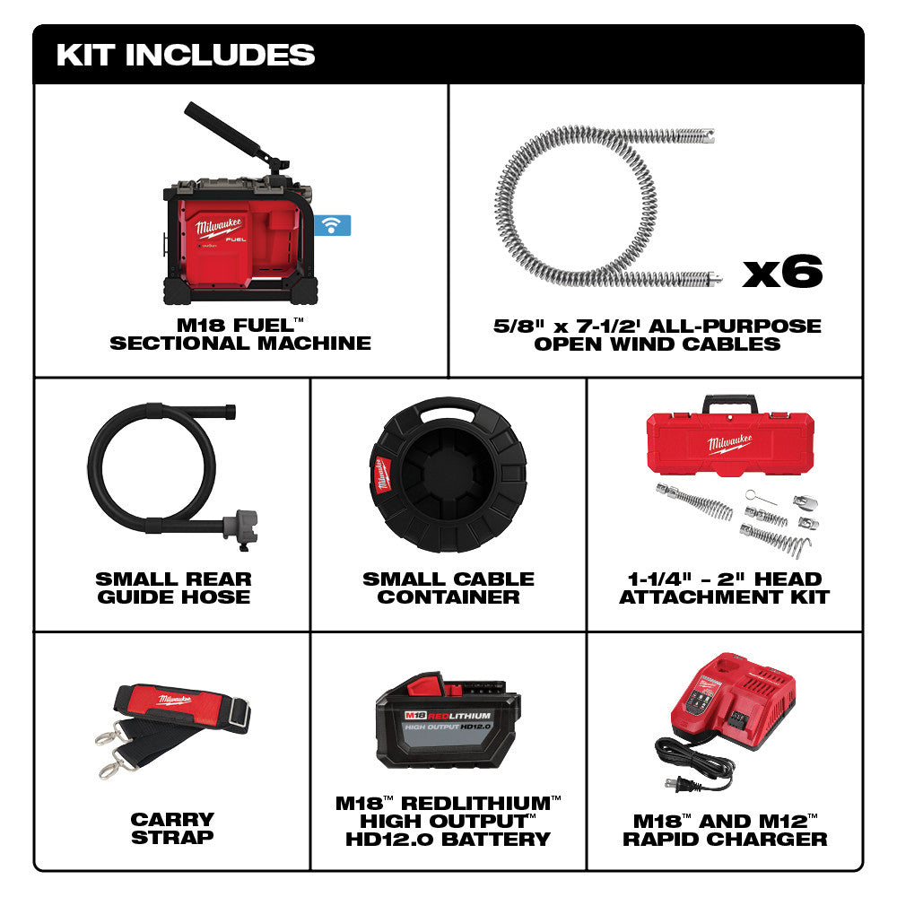 Red M18 FUEL sectional machine with black components, six coiled cables, small hose, cable container, head attachment kit, ca