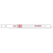 Milwaukee bi-metal jig saw blade with 10 teeth per inch and mounting hole at left end.