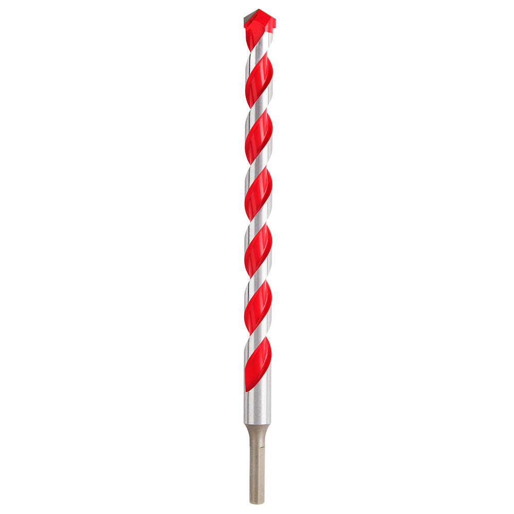 Red and silver carbide hammer drill bit with twisted flutes and pointed tip on white background.