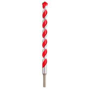 Red and silver carbide hammer drill bit with twisted flutes and pointed tip on white background.
