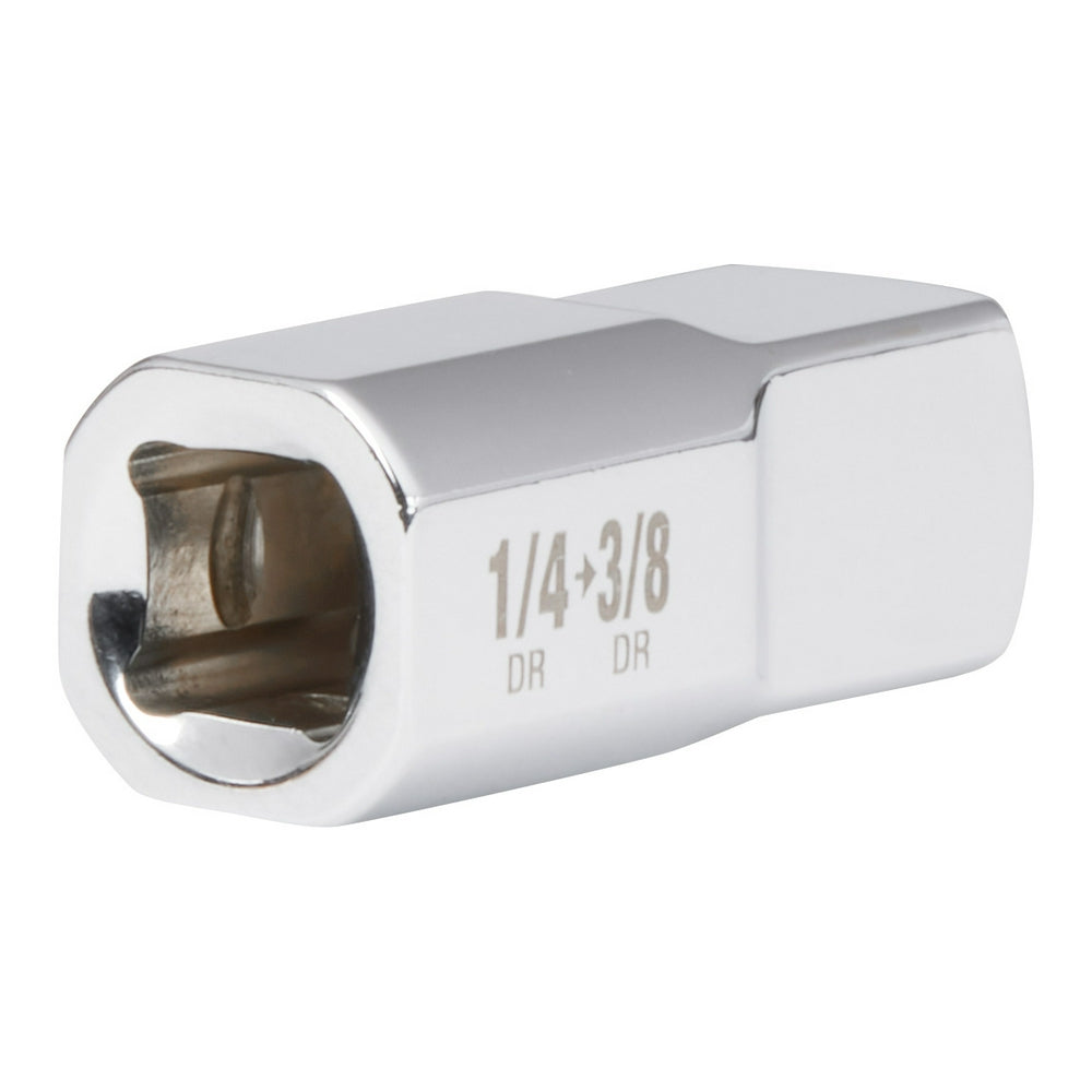 Milwaukee 1/4" drive adapter with 1/4"F to 3/8"M connection, chrome-plated steel with engraved sizing markings.