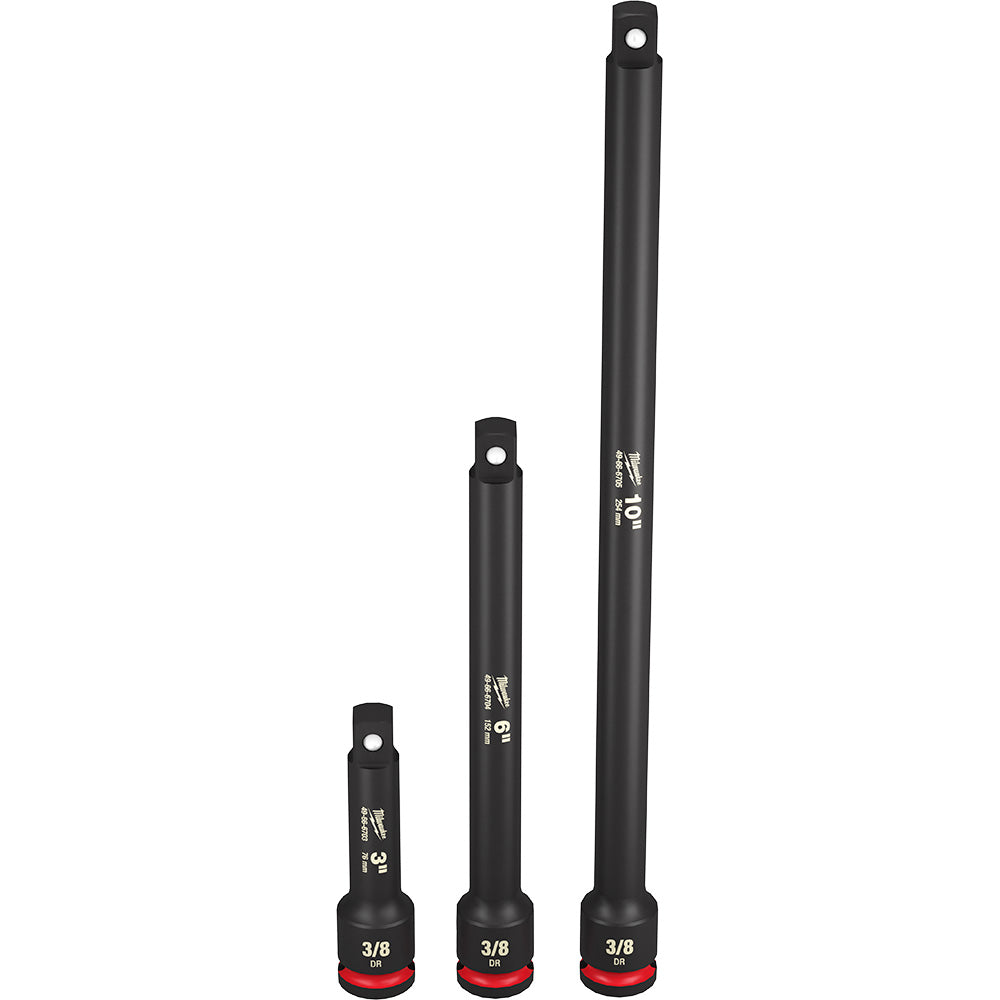 Three black 3/8" drive socket extensions in increasing lengths with red base bands and square drive tops.