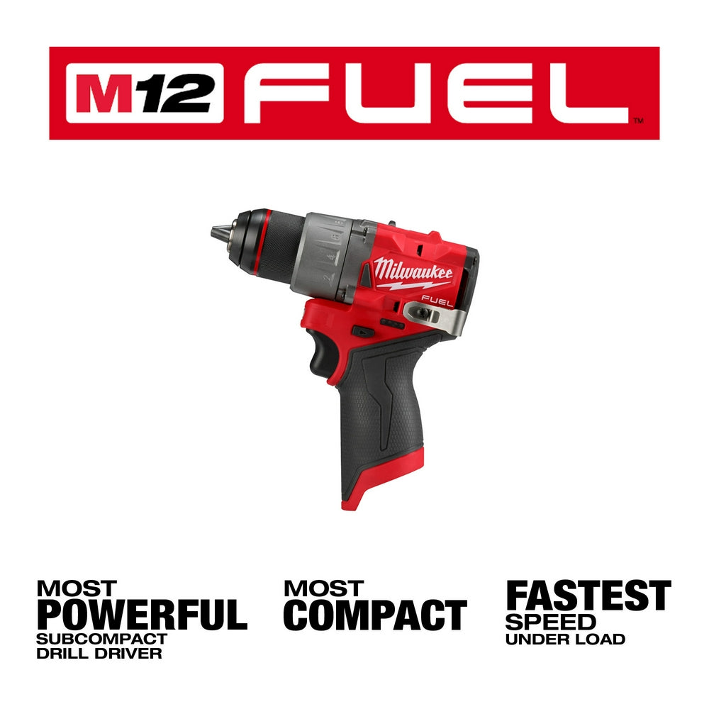 Milwaukee M12 FUEL red and black compact drill/driver with 1/2" chuck and textured grip.