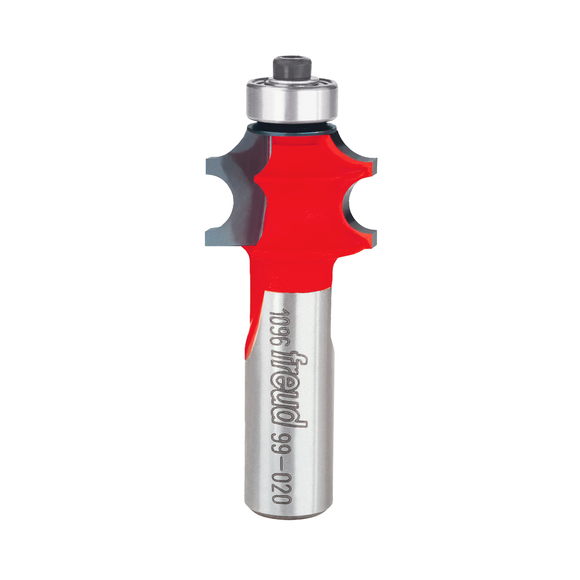 Freud corner beading router bit with red cutting head and silver shank, featuring rounded edges for decorative profiles.